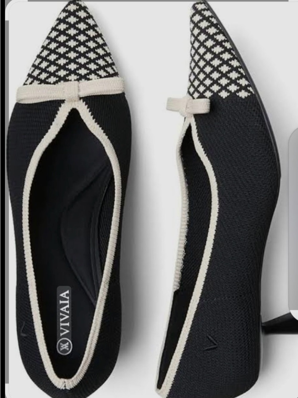 Vivaia Black Pointed Knit Heels with Cream Trim
